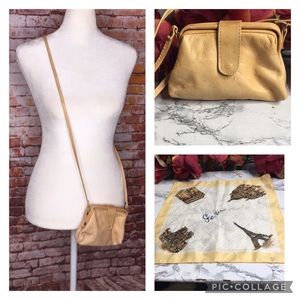 Vintage Light Tan Soft Leather Crossbody Bag with Parisian Souvenir Hand…